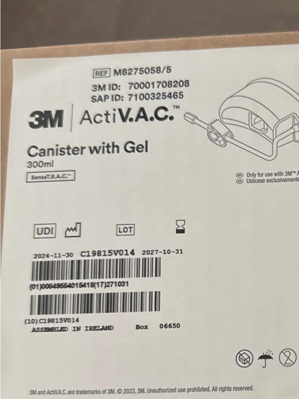 3M/KCI Acti V.A.C System Canister w/ Gel 300ml MPN M8275058/5 Box of 5